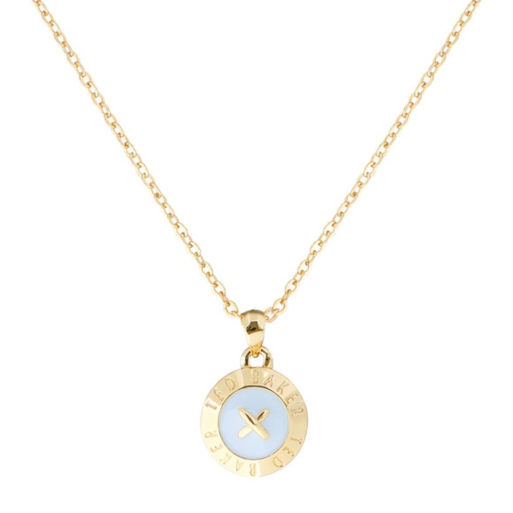 Ted Baker GOLD Elvina Mini Button BABY BLUE Enamel Pendant Necklace